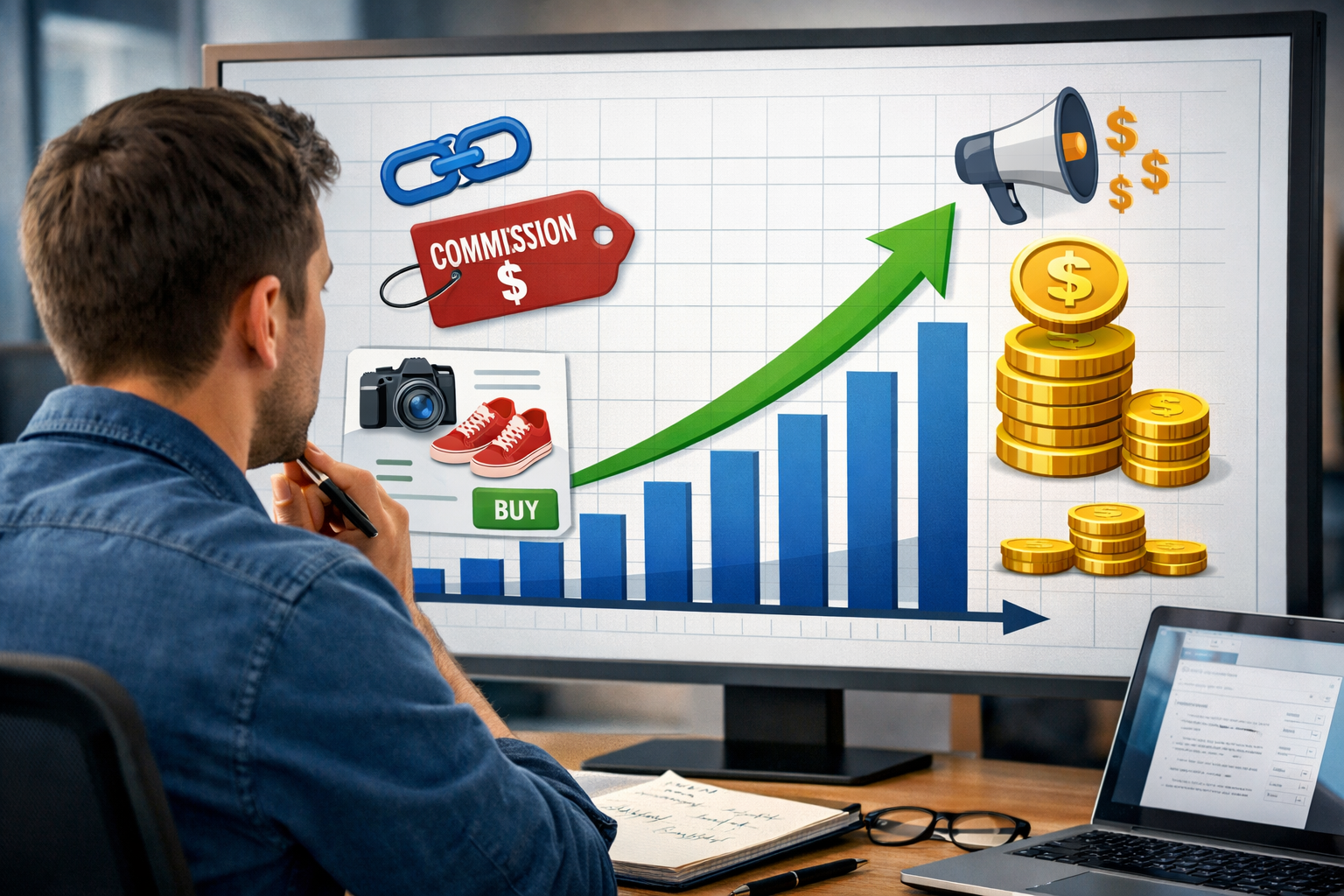 A man sees his laptop with affiliate marketing news